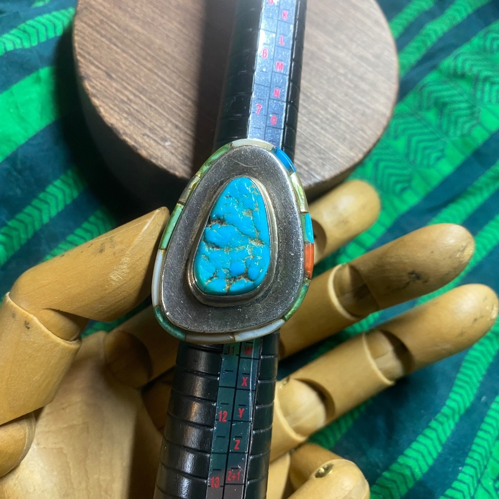 Amazing Sterling Silver, Turquoise and inlaid coral, mother of pearl ring